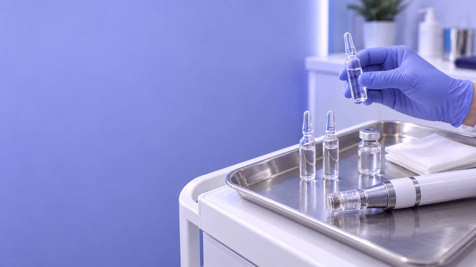 A gloved hand lifting a glass ampoule over a steel tray with a microneedling pen, ampoules and a vial