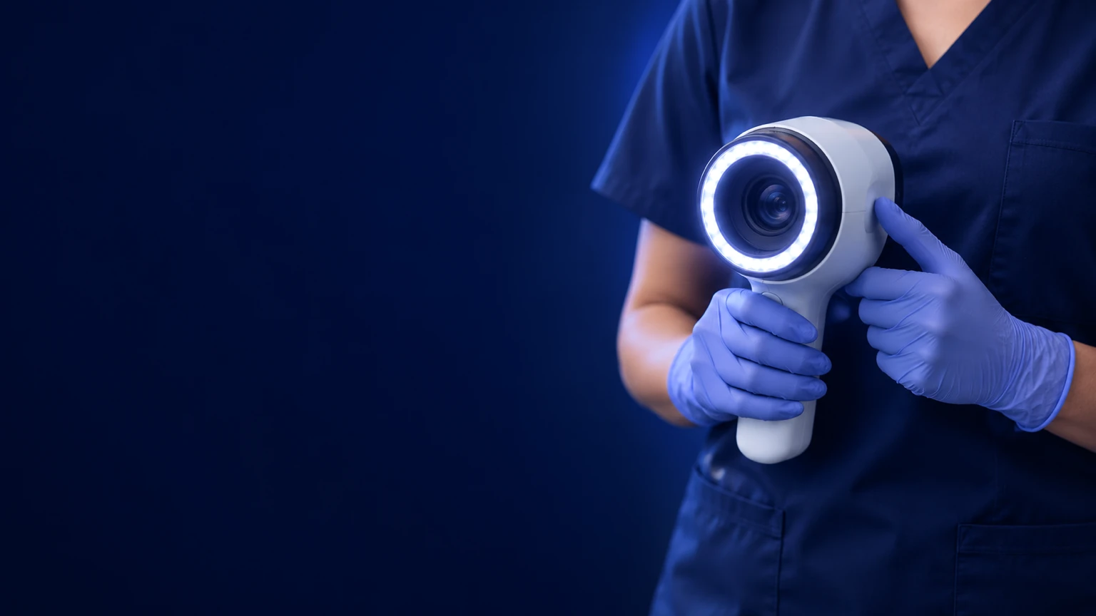 A clinician in navy scrubs and periwinkle gloves holding a handheld skin analysis camera