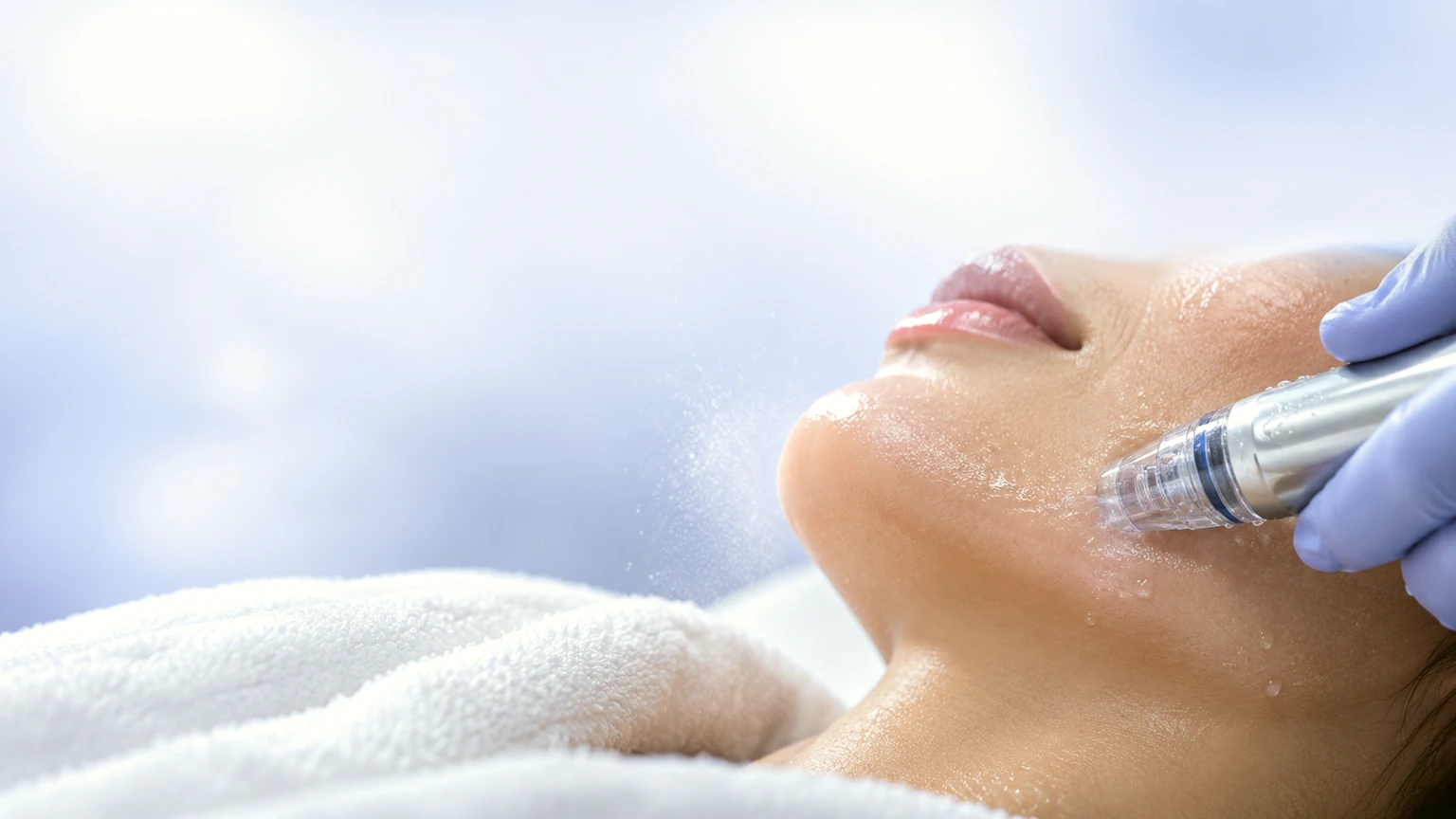 A gloved hand gliding a hydro-dermabrasion tip along a client’s jawline, fine mist and droplets on her skin