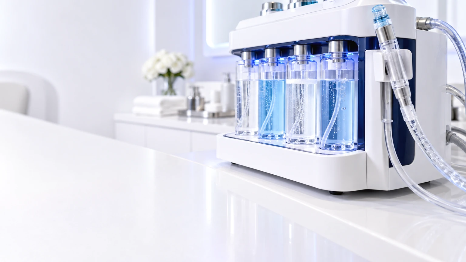 A hydro-dermabrasion machine on a white clinic counter, its serum bottles lit blue and a clear handpiece in its holder