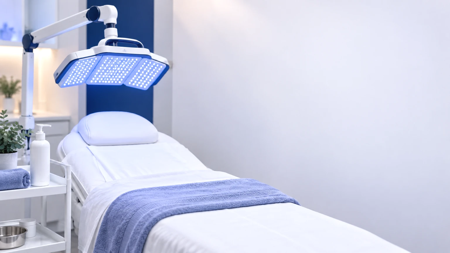 A blue LED light panel over the head of a treatment bed made up in white linen, with a cleanser on a side cart