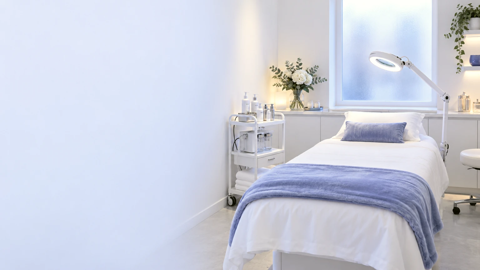 A bright treatment room: a bed in white linen with a periwinkle blanket, a magnifying lamp and a frosted window